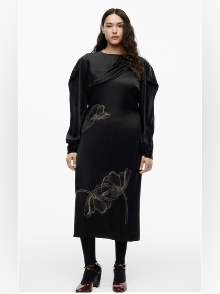 Zara Nwt Limited Edition Embroidered Dress Drape Midi Long Sleeve Season 2021